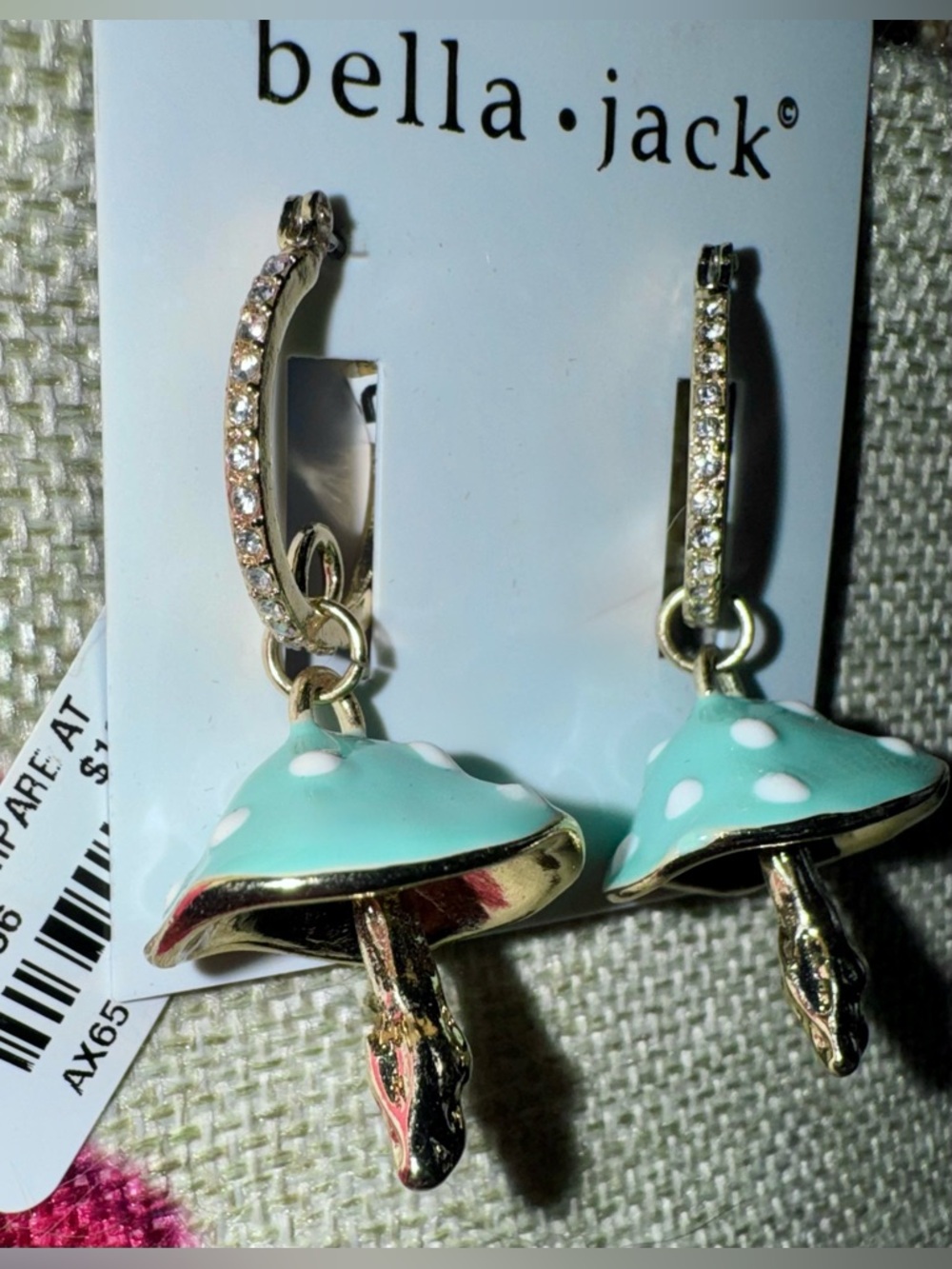 Bella Jack Mushroom Earrings NWT Polka Dots Rhinestones Enamel Gold Tone - Picture 5 of 8